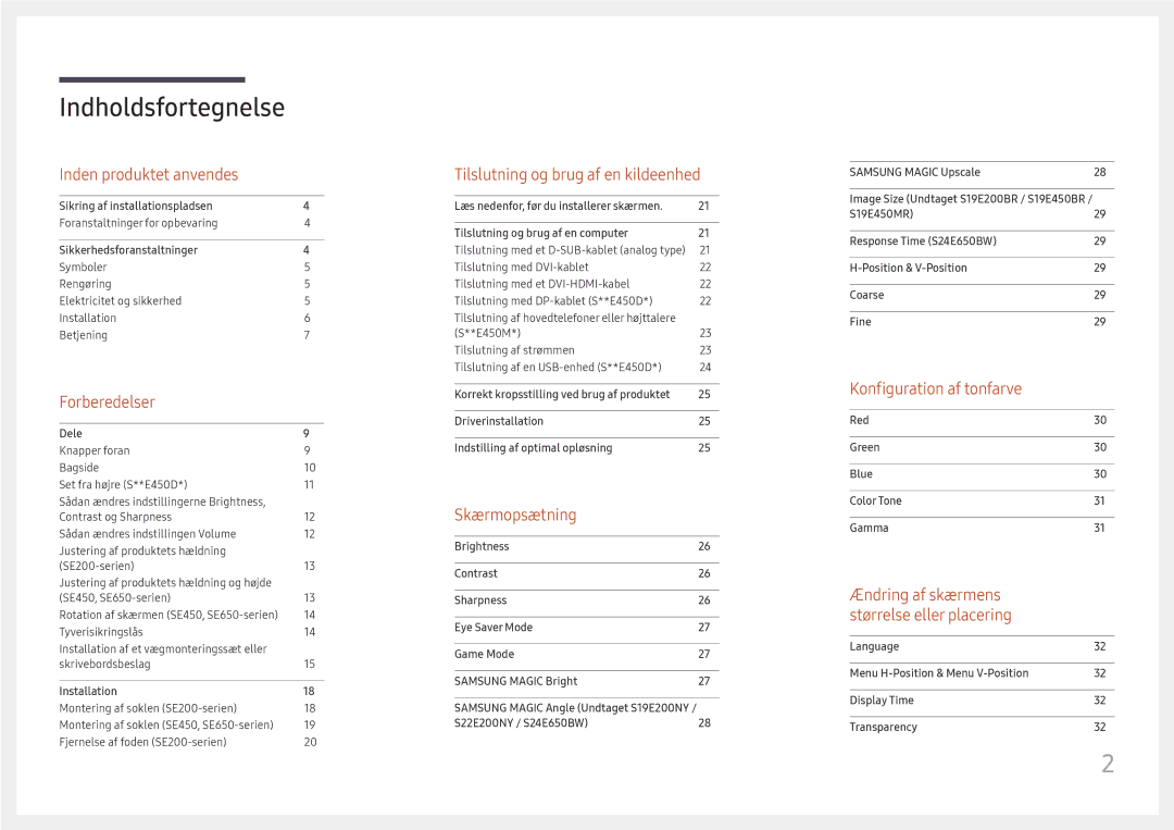 Samsung LS27E45KBH/EN, LS27E45KDHC/XE manual Indholdsfortegnelse 