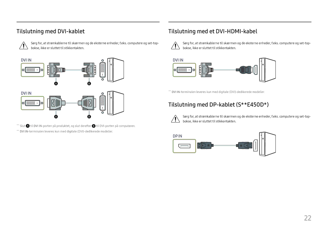 Samsung LS27E45KBH/EN, LS27E45KDHC/XE manual Tilslutning med DVI-kablet, Tilslutning med DP-kablet S**E450D 