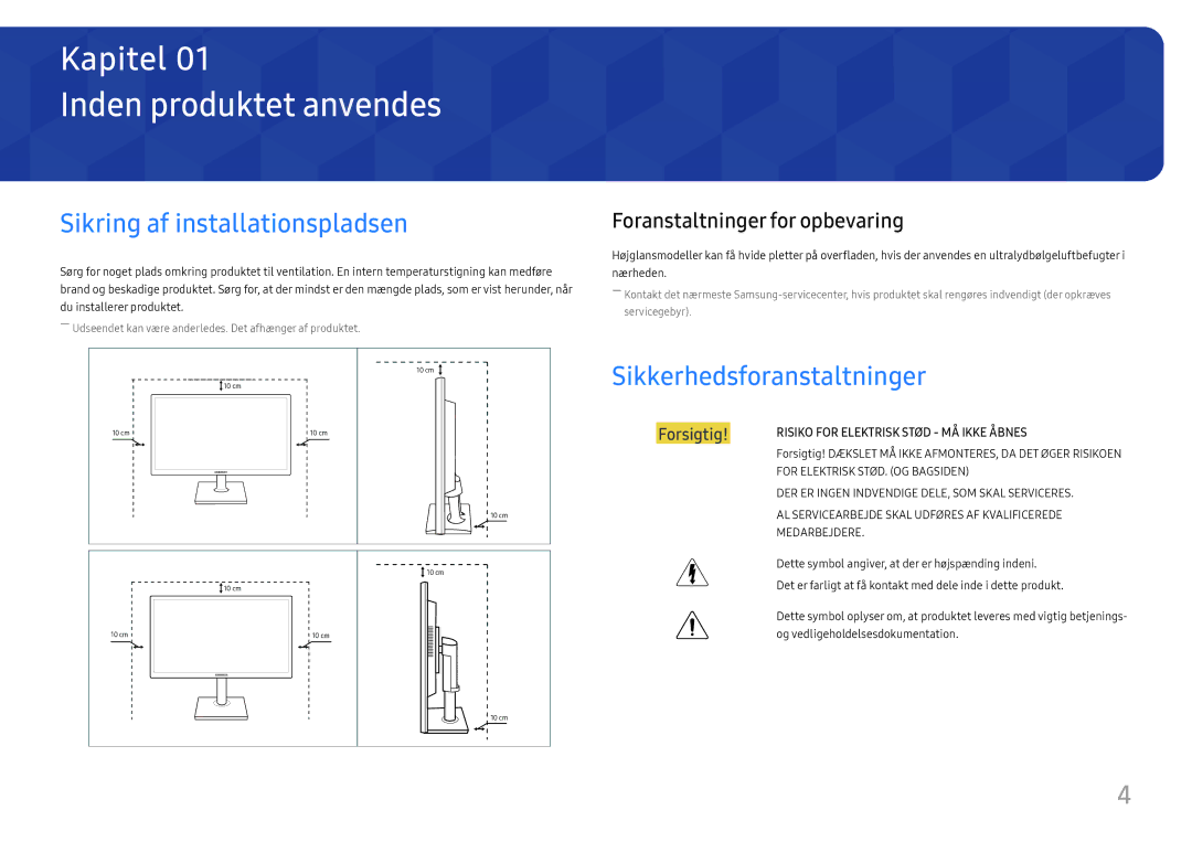 Samsung LS27E45KBH/EN manual Inden produktet anvendes, Sikring af installationspladsen, Sikkerhedsforanstaltninger 