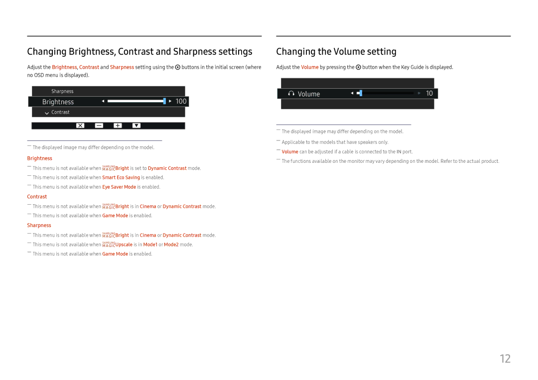 Samsung LS27E45KBS/EN, LS27E45KBH/EN Changing the Volume setting, Changing Brightness, Contrast and Sharpness settings 