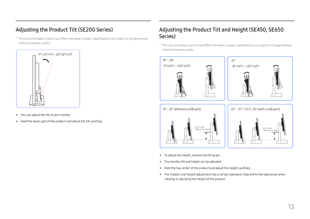 Samsung LS27E45KBH/EN Adjusting the Product Tilt SE200 Series, Adjusting the Product Tilt and Height SE450, SE650 Series 