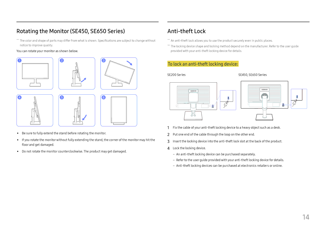 Samsung LS27E45KDHC/XE, LS27E45KBS/EN, LS27E45KBH/EN manual Rotating the Monitor SE450, SE650 Series, Anti-theft Lock 