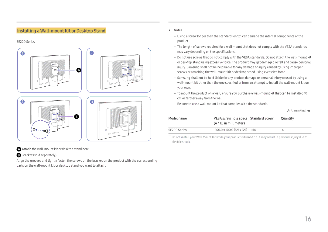 Samsung LS27E45KBH/EN, LS27E45KBS/EN, LS27E45KDHC/XE manual Installing a Wall-mount Kit or Desktop Stand 