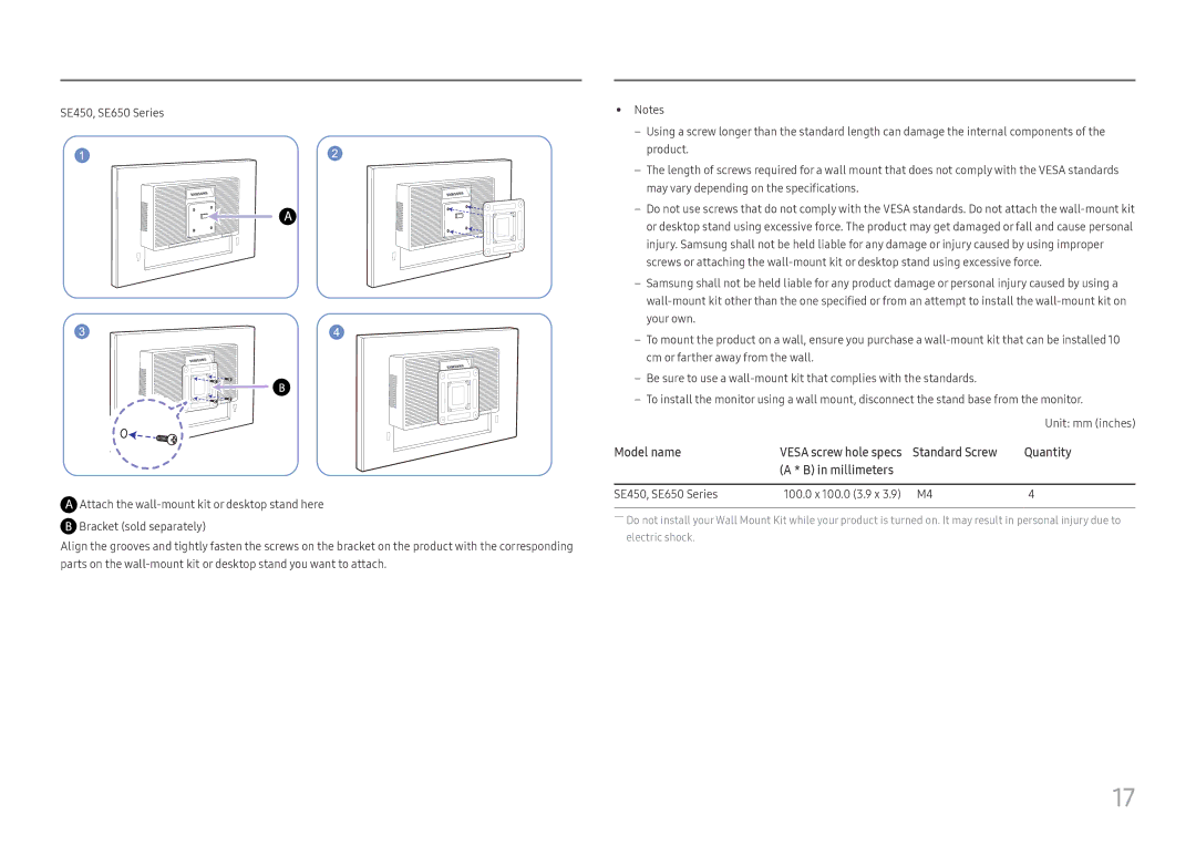 Samsung LS27E45KDHC/XE, LS27E45KBS/EN, LS27E45KBH/EN manual SE450, SE650 Series 100.0 x 100.0 3.9 x 