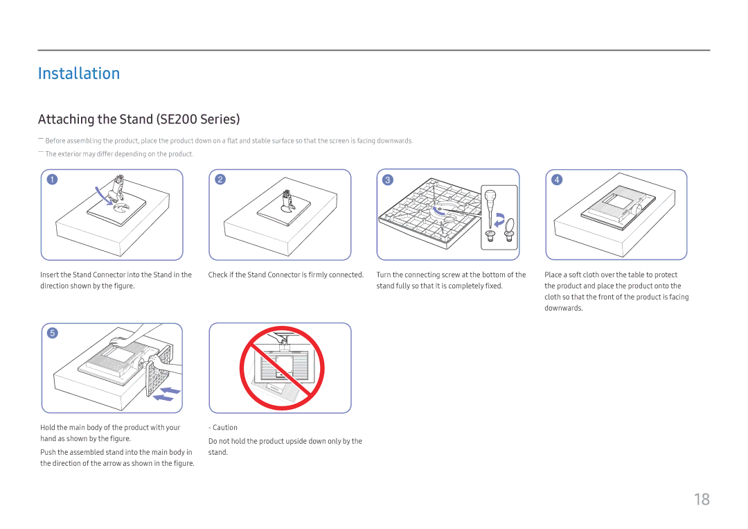 Samsung LS27E45KBS/EN, LS27E45KBH/EN, LS27E45KDHC/XE manual Installation, Attaching the Stand SE200 Series 