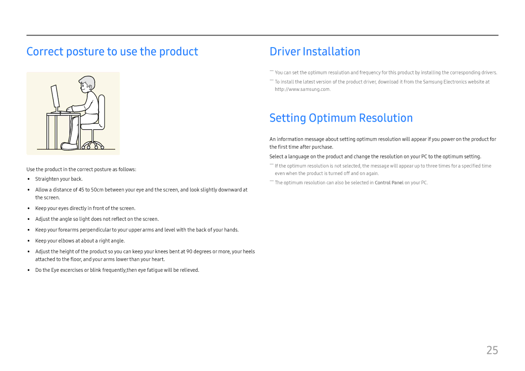 Samsung LS27E45KBH/EN, LS27E45KBS/EN Correct posture to use the product, Driver Installation, Setting Optimum Resolution 