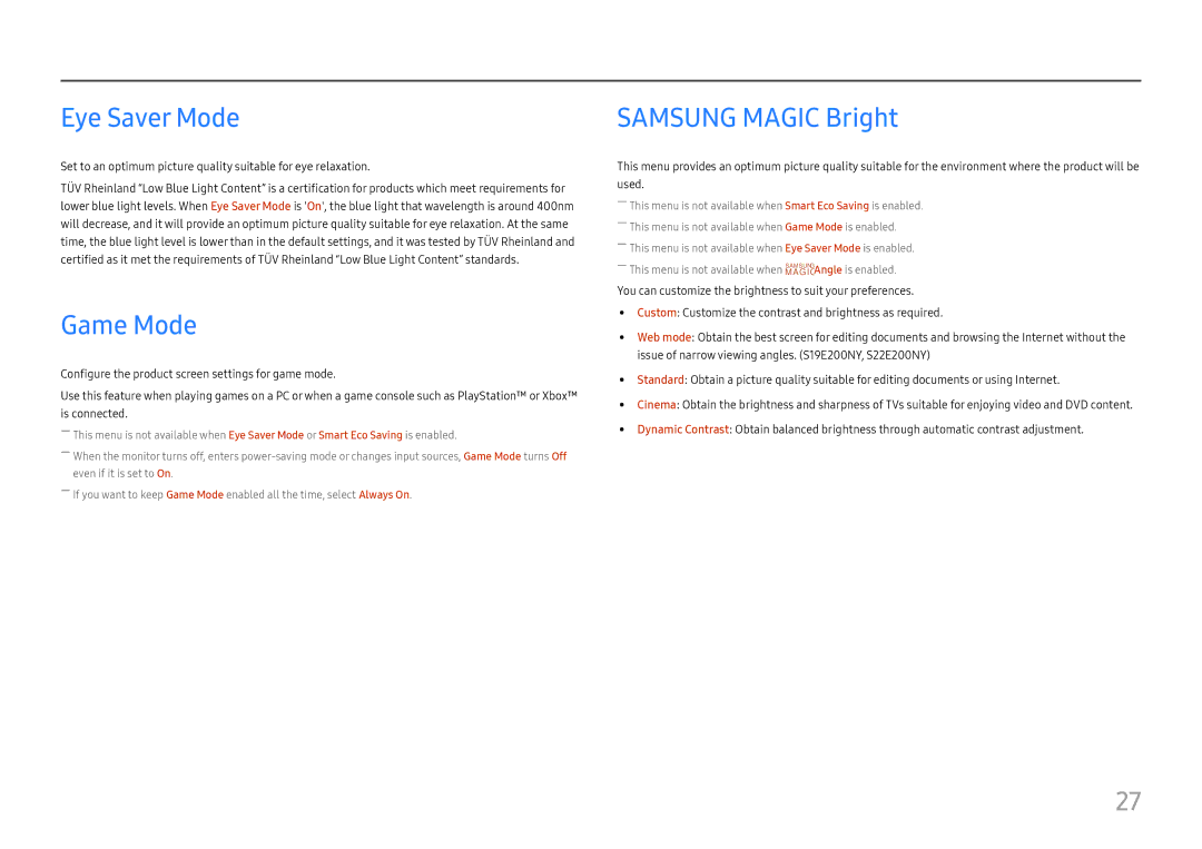 Samsung LS27E45KBS/EN, LS27E45KBH/EN, LS27E45KDHC/XE manual Eye Saver Mode, Game Mode, Samsung Magic Bright 