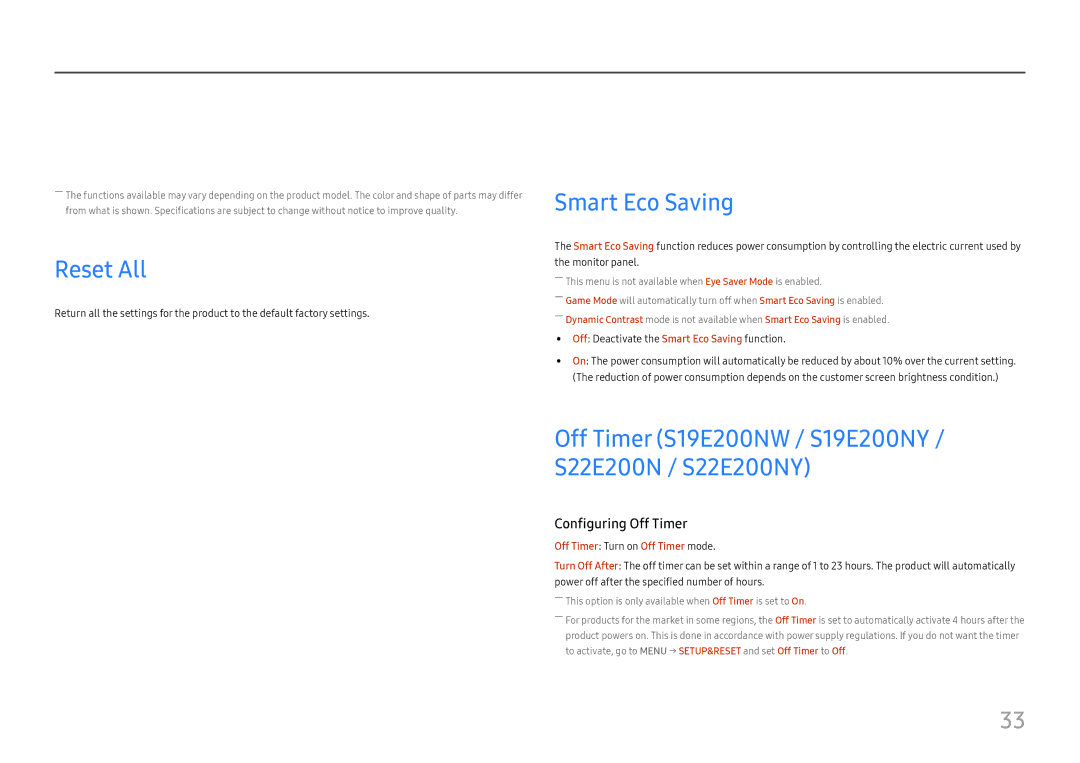 Samsung LS27E45KBS/EN, LS27E45KBH/EN, LS27E45KDHC/XE manual Setup and Reset, Reset All, Smart Eco Saving 