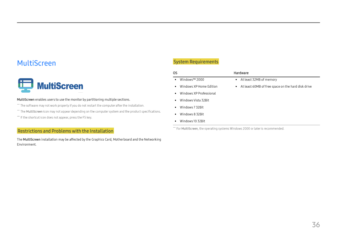 Samsung LS27E45KBS/EN, LS27E45KBH/EN, LS27E45KDHC/XE manual Installing the Software, MultiScreen 