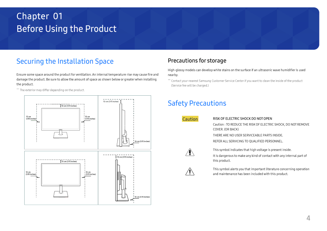 Samsung LS27E45KBH/EN, LS27E45KBS/EN manual Before Using the Product, Securing the Installation Space, Safety Precautions 