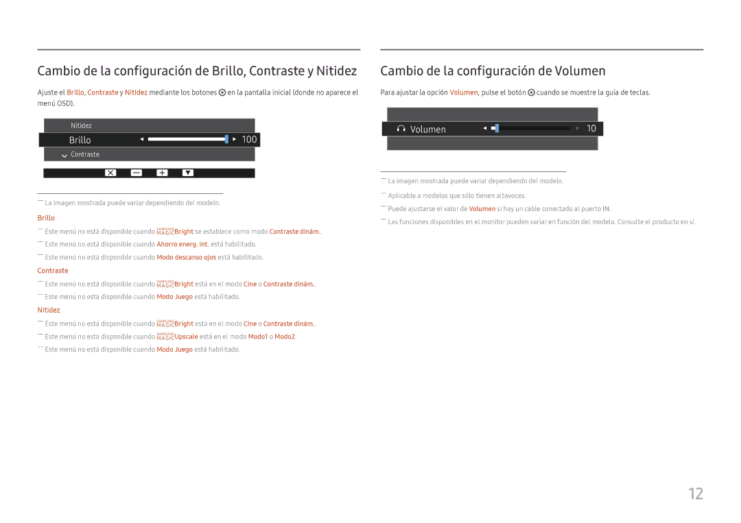 Samsung LS27E45KBS/EN Cambio de la configuración de Volumen, Cambio de la configuración de Brillo, Contraste y Nitidez 