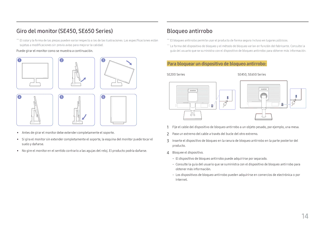 Samsung LS27E45KBS/EN, LS27E45KBH/EN manual Giro del monitor SE450, SE650 Series, Bloqueo antirrobo 