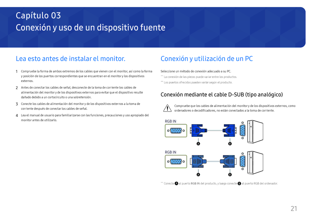 Samsung LS27E45KBH/EN, LS27E45KBS/EN manual Conexión y uso de un dispositivo fuente, Lea esto antes de instalar el monitor 