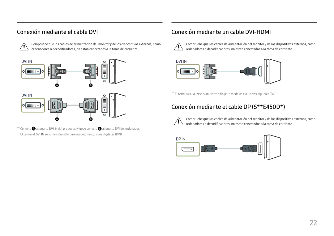 Samsung LS27E45KBS/EN, LS27E45KBH/EN manual Conexión mediante el cable DVI, Conexión mediante el cable DP S**E450D 