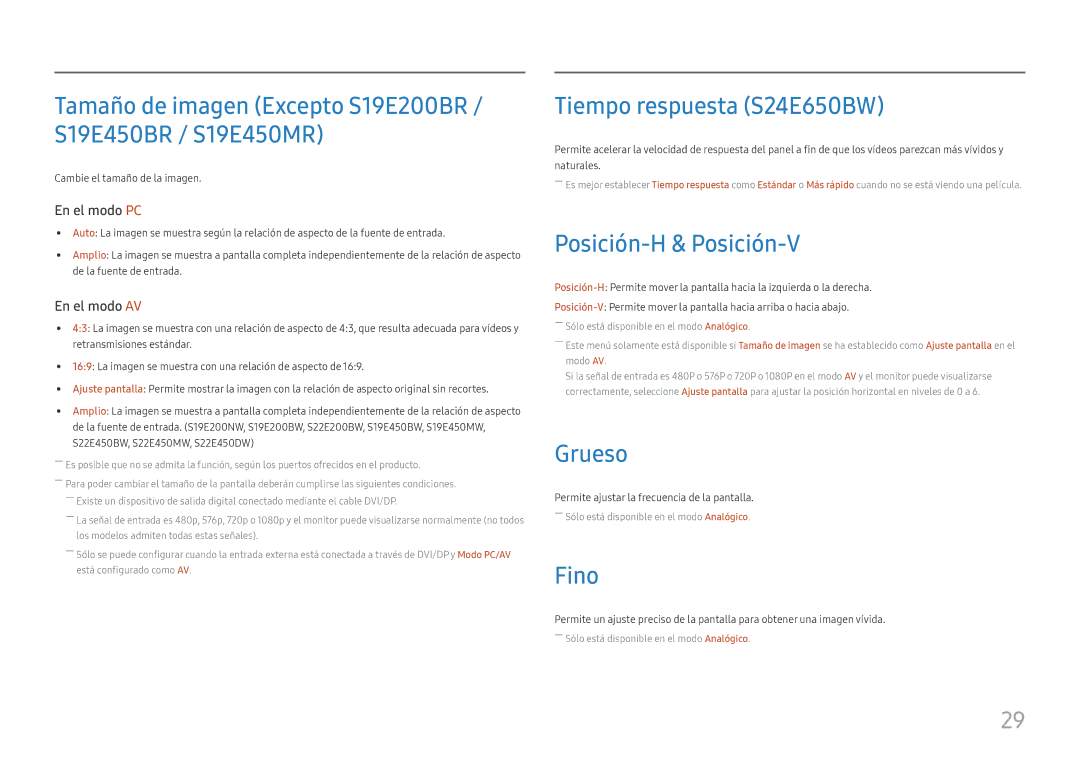 Samsung LS27E45KBH/EN, LS27E45KBS/EN manual Tiempo respuesta S24E650BW, Posición-H & Posición-V, Grueso, Fino 