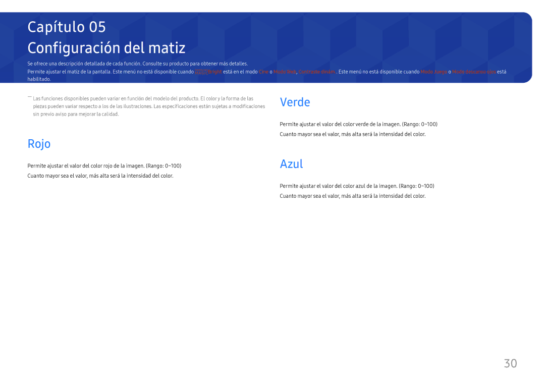Samsung LS27E45KBS/EN, LS27E45KBH/EN manual Configuración del matiz, Verde Rojo, Azul 