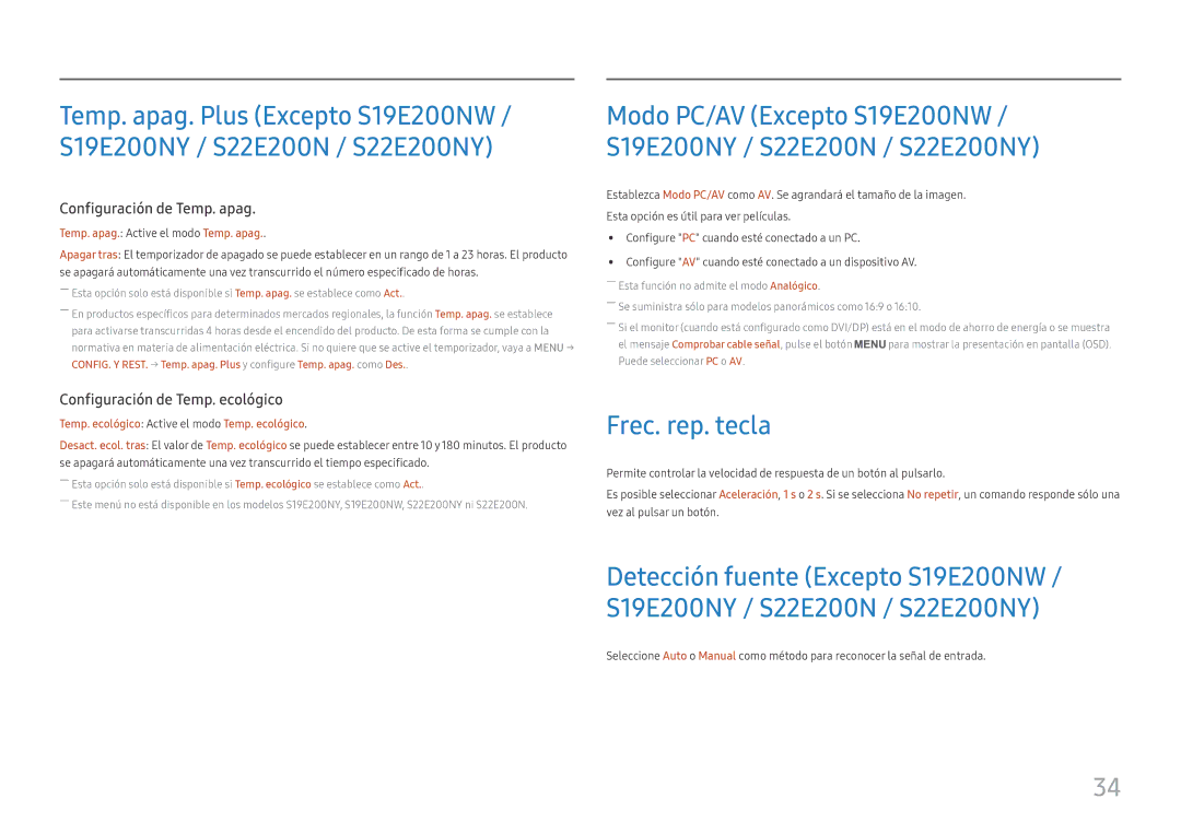 Samsung LS27E45KBS/EN, LS27E45KBH/EN manual Frec. rep. tecla, Configuración de Temp. ecológico 