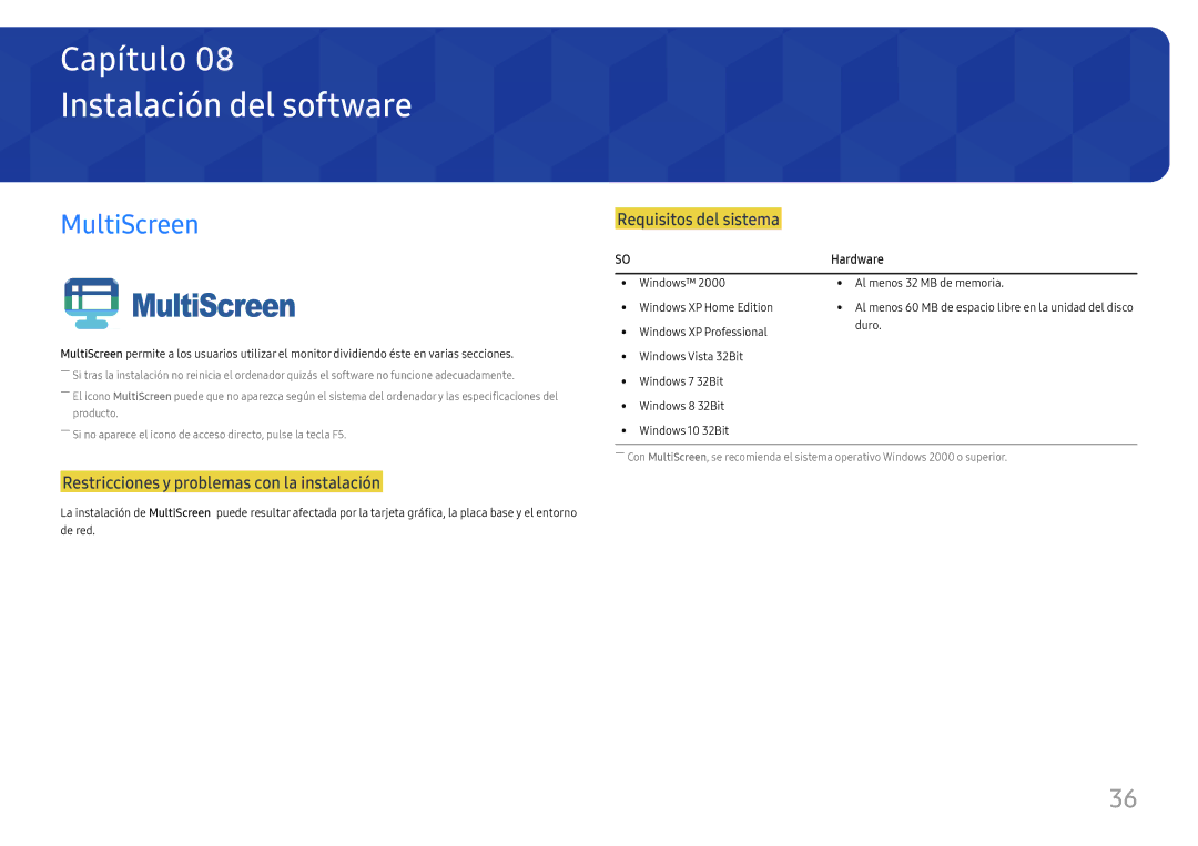 Samsung LS27E45KBS/EN, LS27E45KBH/EN manual Instalación del software, MultiScreen 