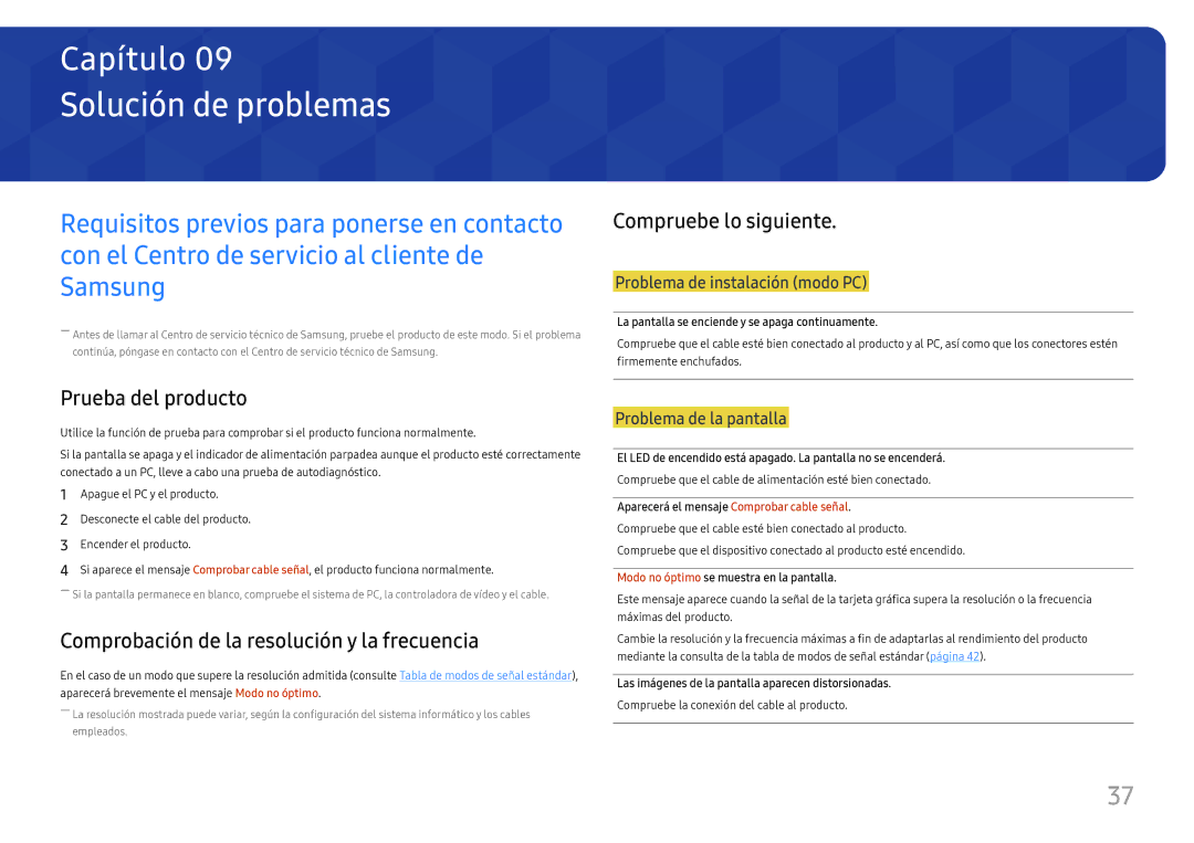 Samsung LS27E45KBH/EN manual Solución de problemas, Prueba del producto, Comprobación de la resolución y la frecuencia 