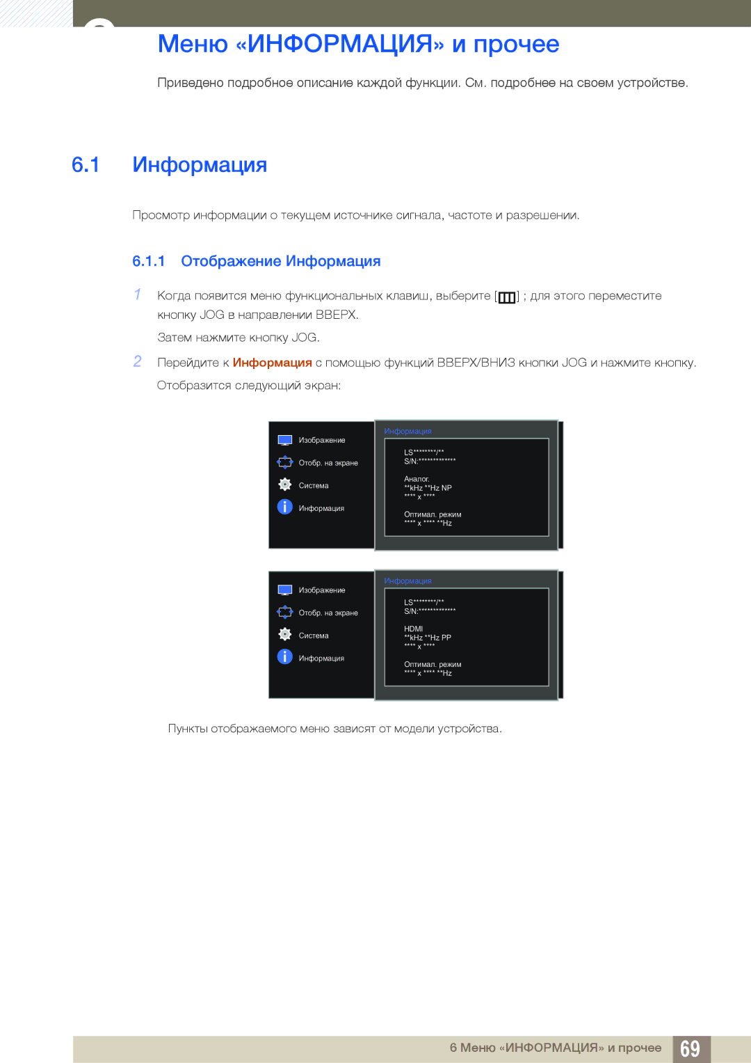 Samsung LS27E510CS/EN, LS27E510CS/KZ, LS27E510CS/CI manual Меню «ИНФОРМАЦИЯ» и прочее, 1 Отображение Информация 