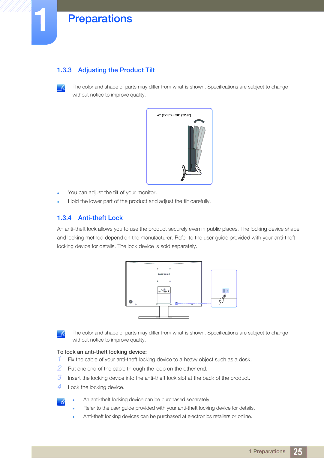 Samsung LS27E510CS/XV, LS27E510CS/EN, LS27E510CS/KZ, LS27E510CS/CI manual Adjusting the Product Tilt, Anti-theft Lock 