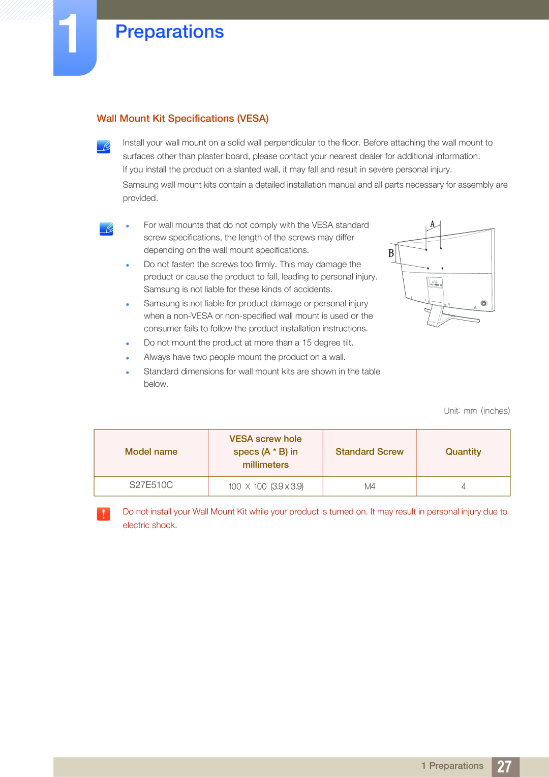 Samsung LS27E510CS/CI, LS27E510CS/EN, LS27E510CS/XV, LS27E510CS/KZ manual Wall Mount Kit Specifications Vesa 