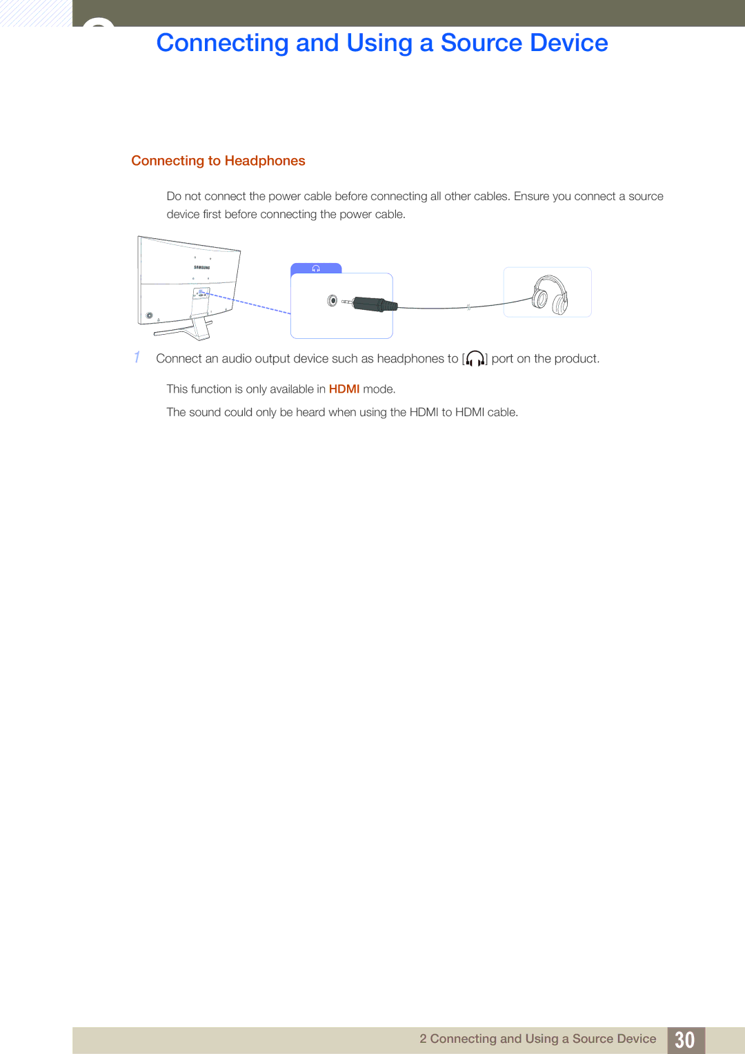 Samsung LS27E510CS/KZ, LS27E510CS/EN, LS27E510CS/XV, LS27E510CS/CI manual Connecting to Headphones 