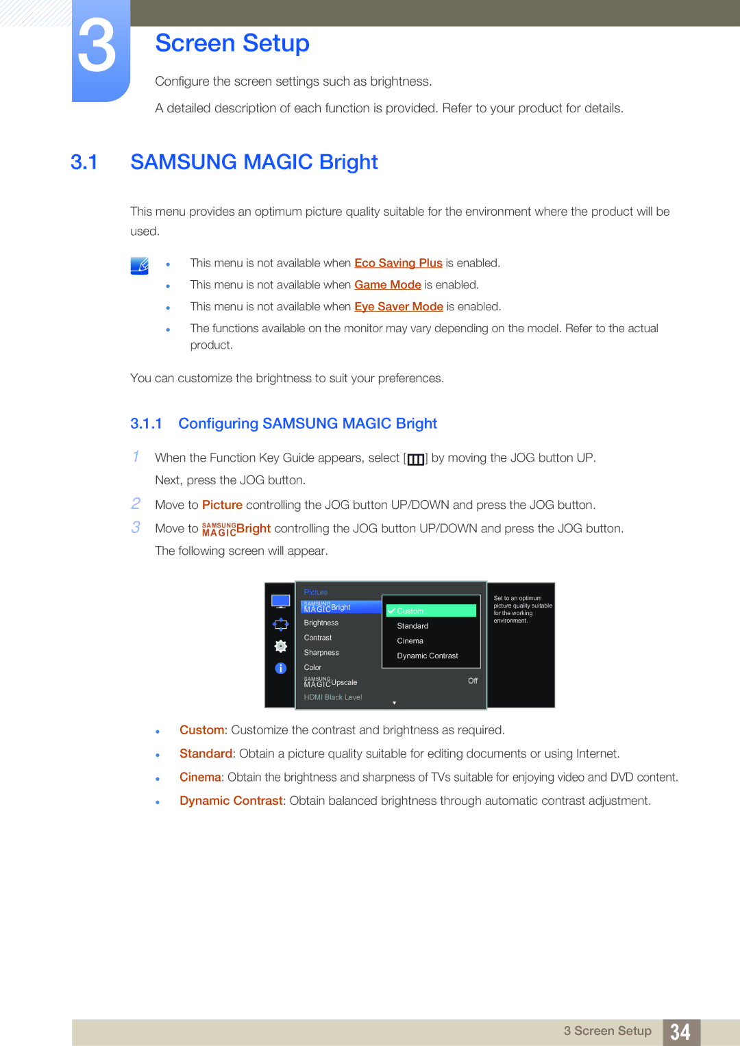 Samsung LS27E510CS/KZ, LS27E510CS/EN, LS27E510CS/XV, LS27E510CS/CI manual Screen Setup, Configuring Samsung Magic Bright 