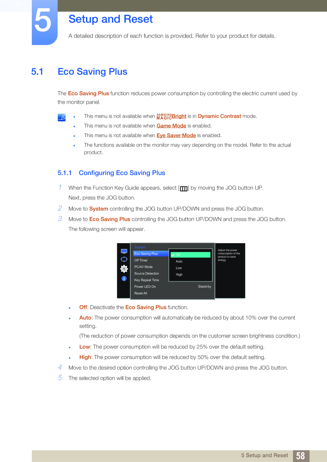 Samsung LS27E510CS/KZ, LS27E510CS/EN, LS27E510CS/XV, LS27E510CS/CI manual Setup and Reset, Configuring Eco Saving Plus 