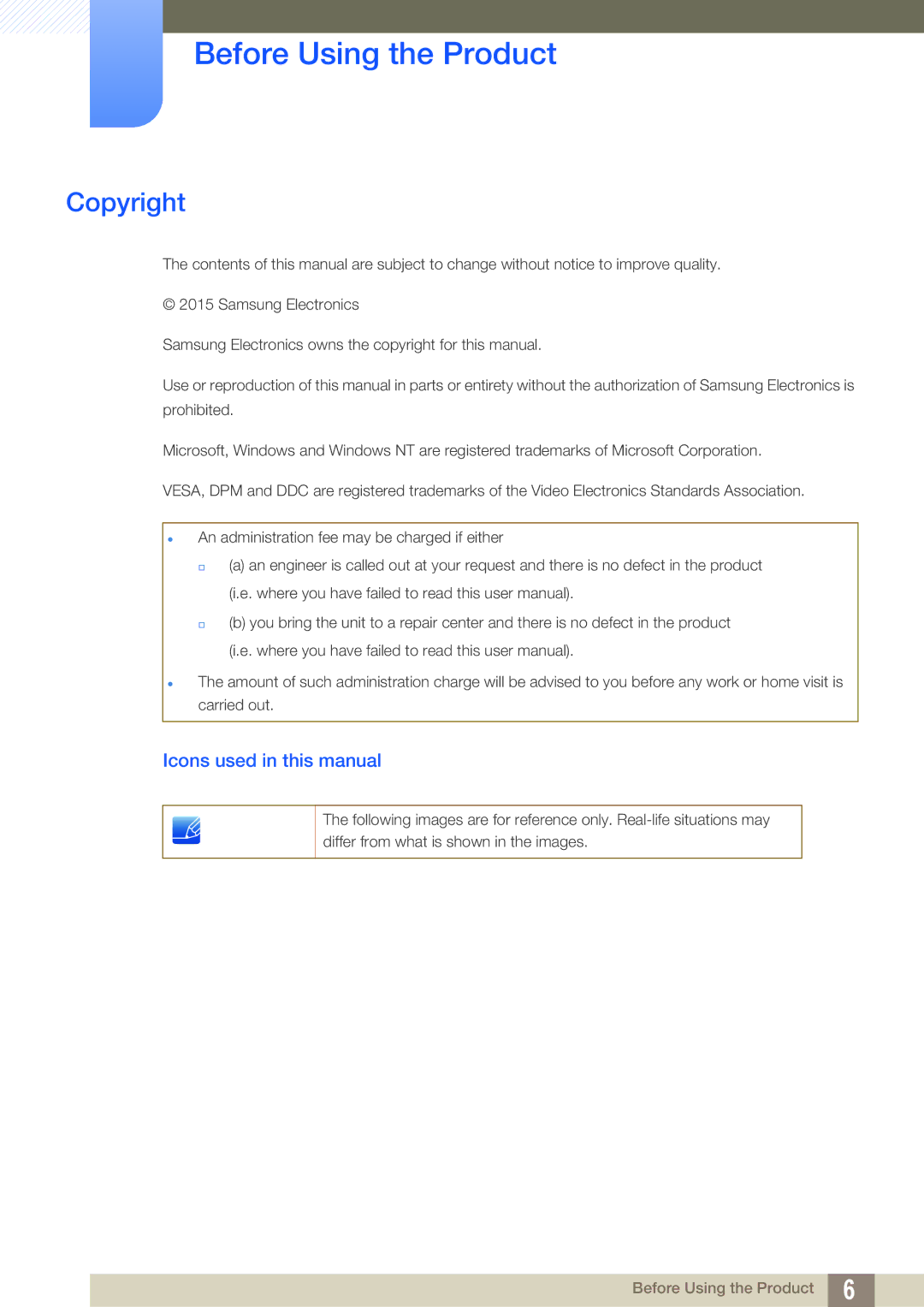 Samsung LS27E510CS/KZ, LS27E510CS/EN, LS27E510CS/XV Before Using the Product, Copyright, Icons used in this manual 