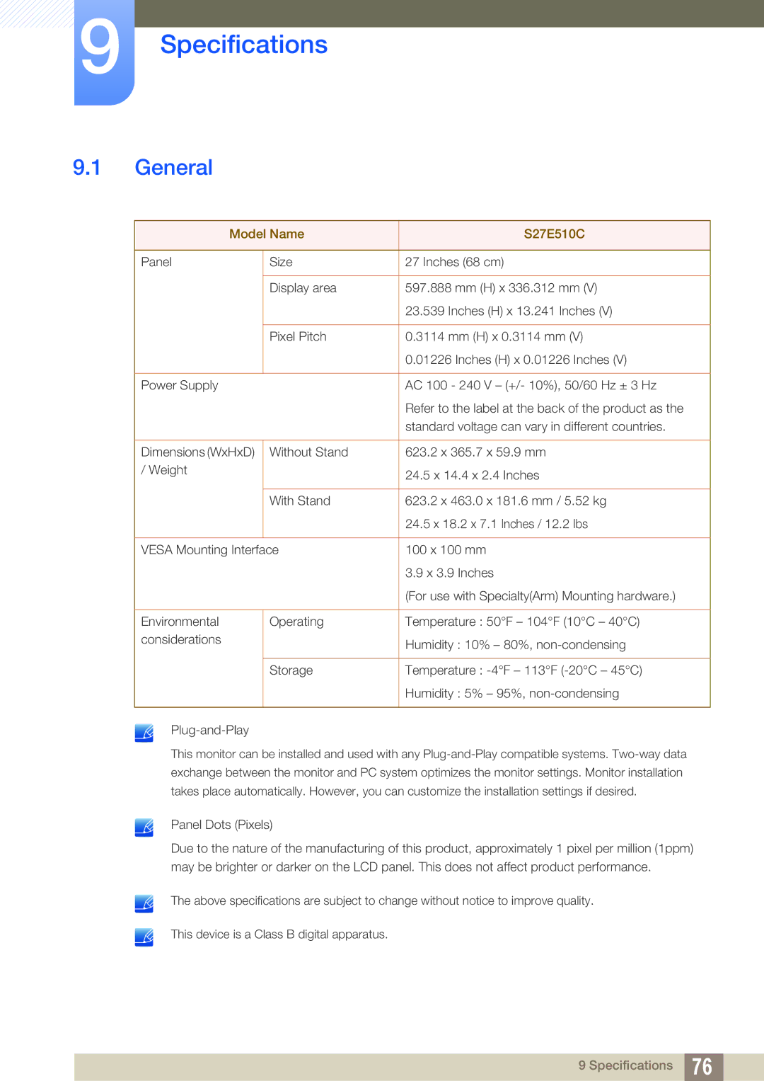 Samsung LS27E510CS/EN, LS27E510CS/XV, LS27E510CS/KZ, LS27E510CS/CI manual Specifications, General 