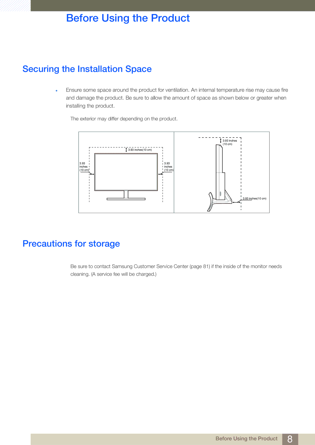 Samsung LS27E510CS/EN, LS27E510CS/XV, LS27E510CS/KZ, LS27E510CS/CI Securing the Installation Space, Precautions for storage 