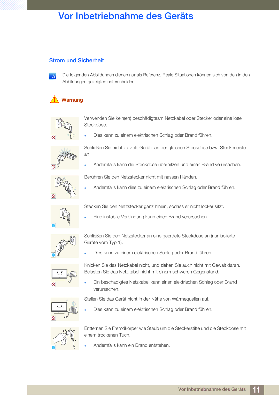 Samsung LS27E510CS/EN manual Strom und Sicherheit, Warnung 