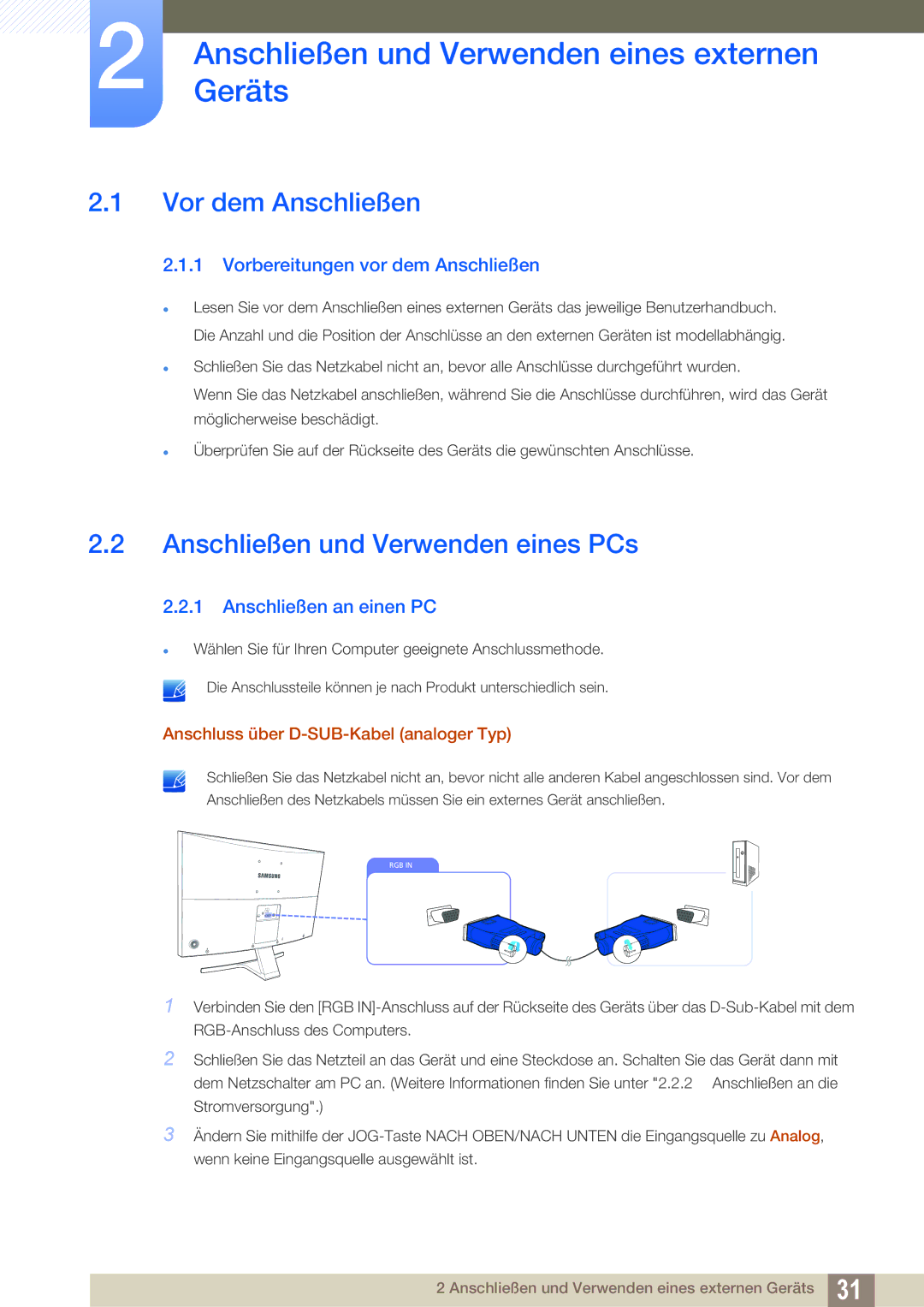 Samsung LS27E510CS/EN manual AnschließenGeräts und Verwenden eines externen, Vor dem Anschließen, Anschließen an einen PC 