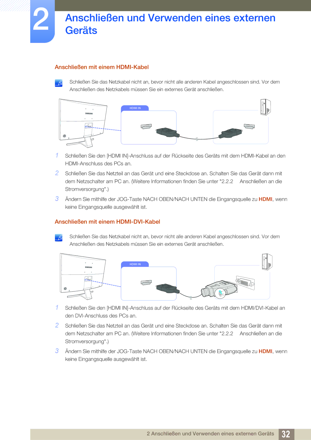 Samsung LS27E510CS/EN manual Anschließen mit einem HDMI-Kabel, Anschließen mit einem HDMI-DVI-Kabel 