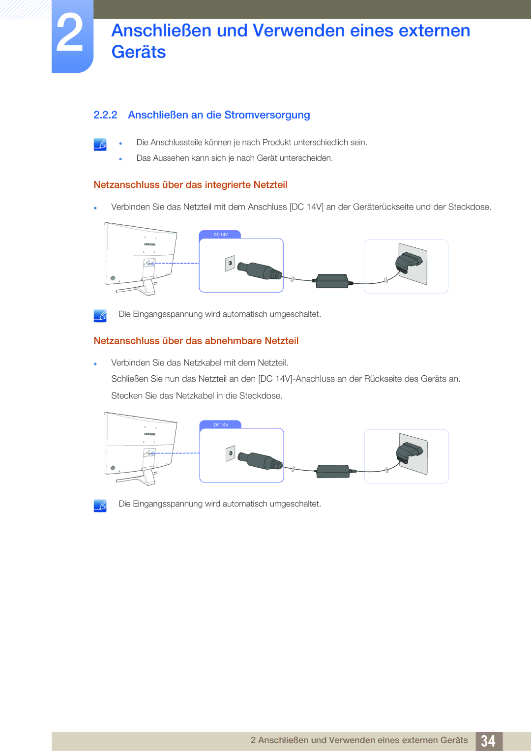 Samsung LS27E510CS/EN manual Anschließen an die Stromversorgung, Netzanschluss über das integrierte Netzteil 