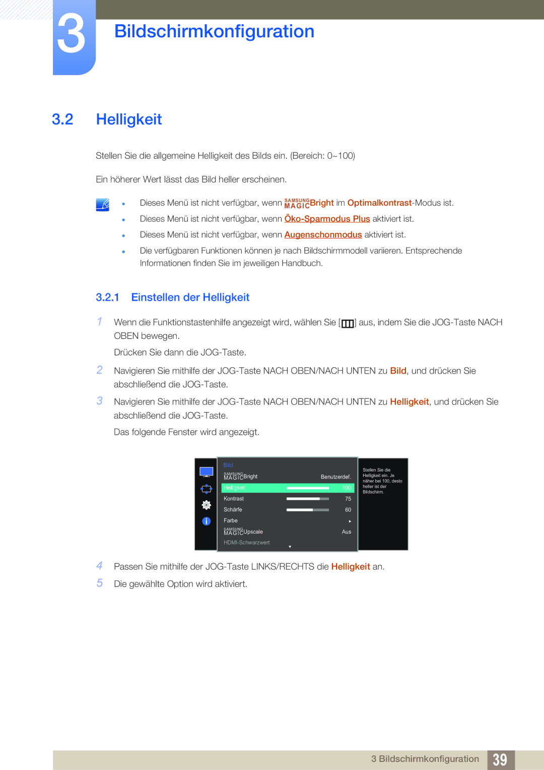 Samsung LS27E510CS/EN manual Einstellen der Helligkeit 