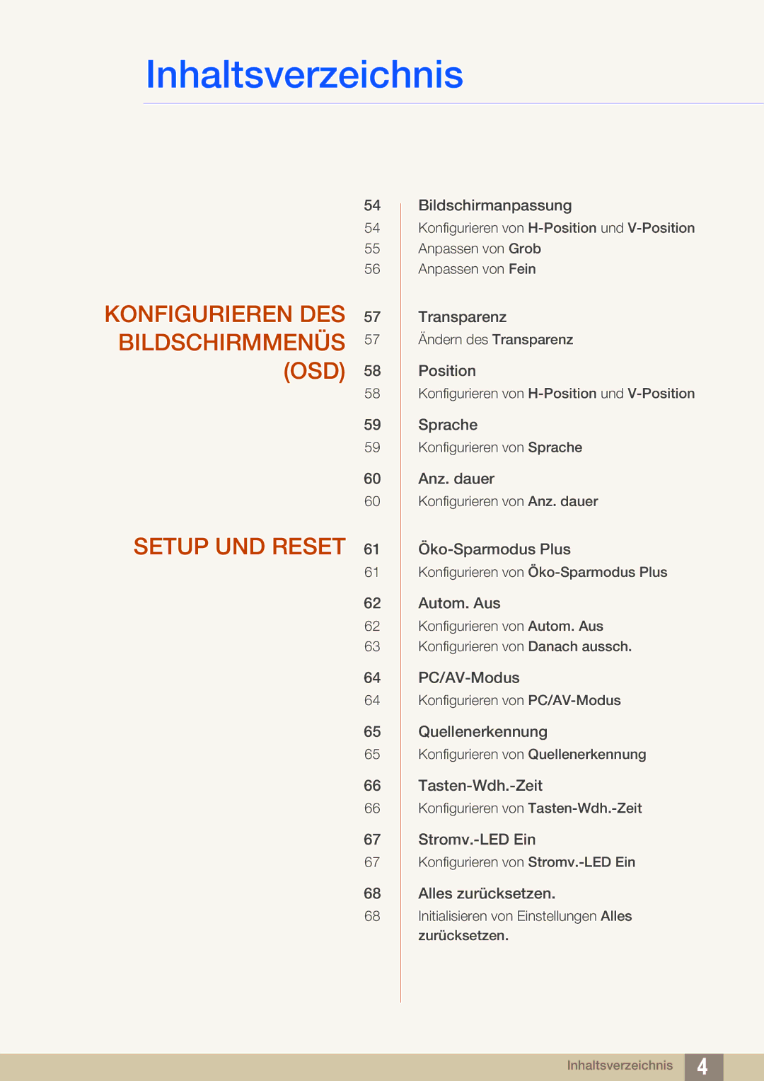 Samsung LS27E510CS/EN manual Konfigurieren DES Bildschirmmenüs OSD Setup UND Reset 