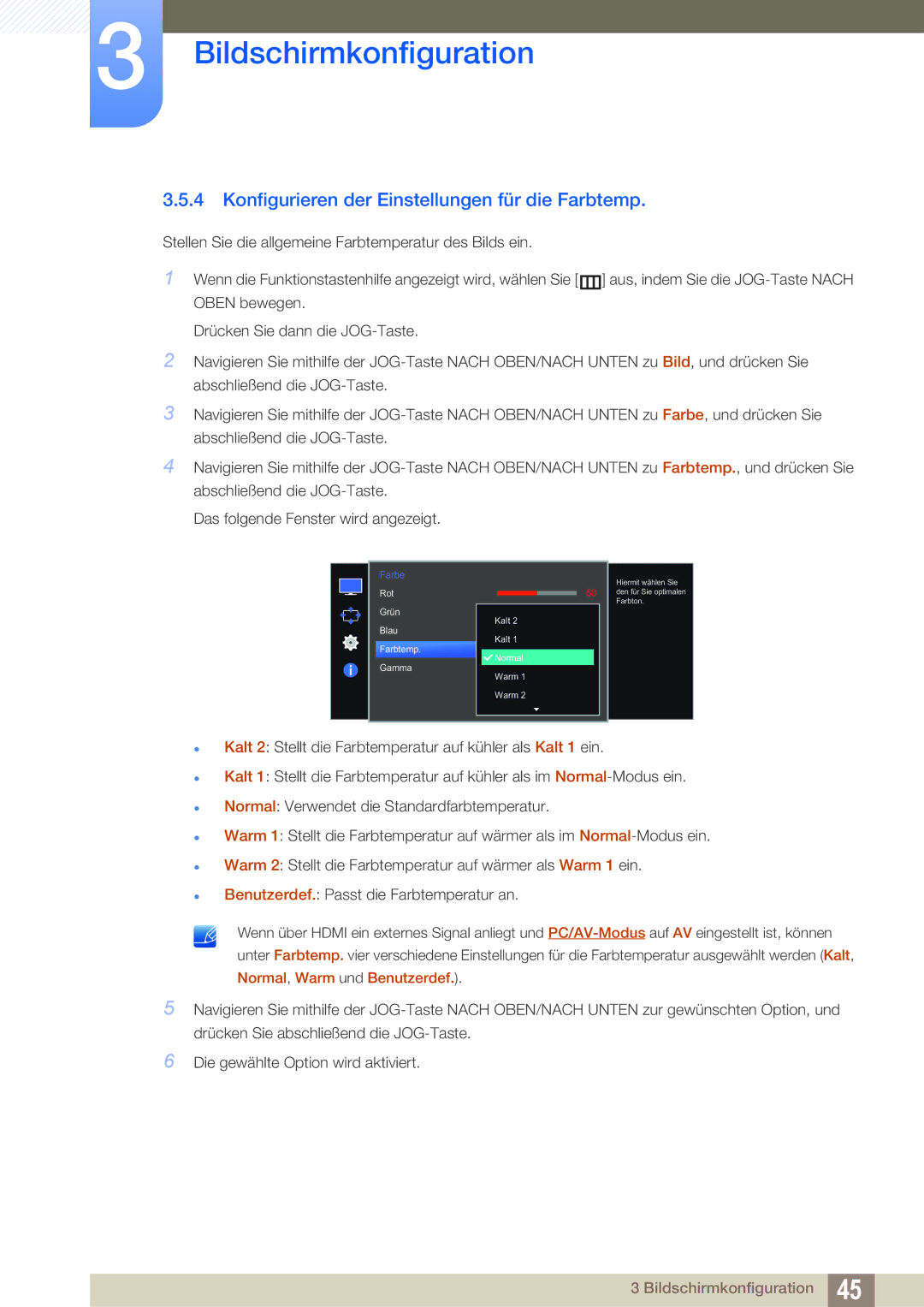 Samsung LS27E510CS/EN manual Konfigurieren der Einstellungen für die Farbtemp 