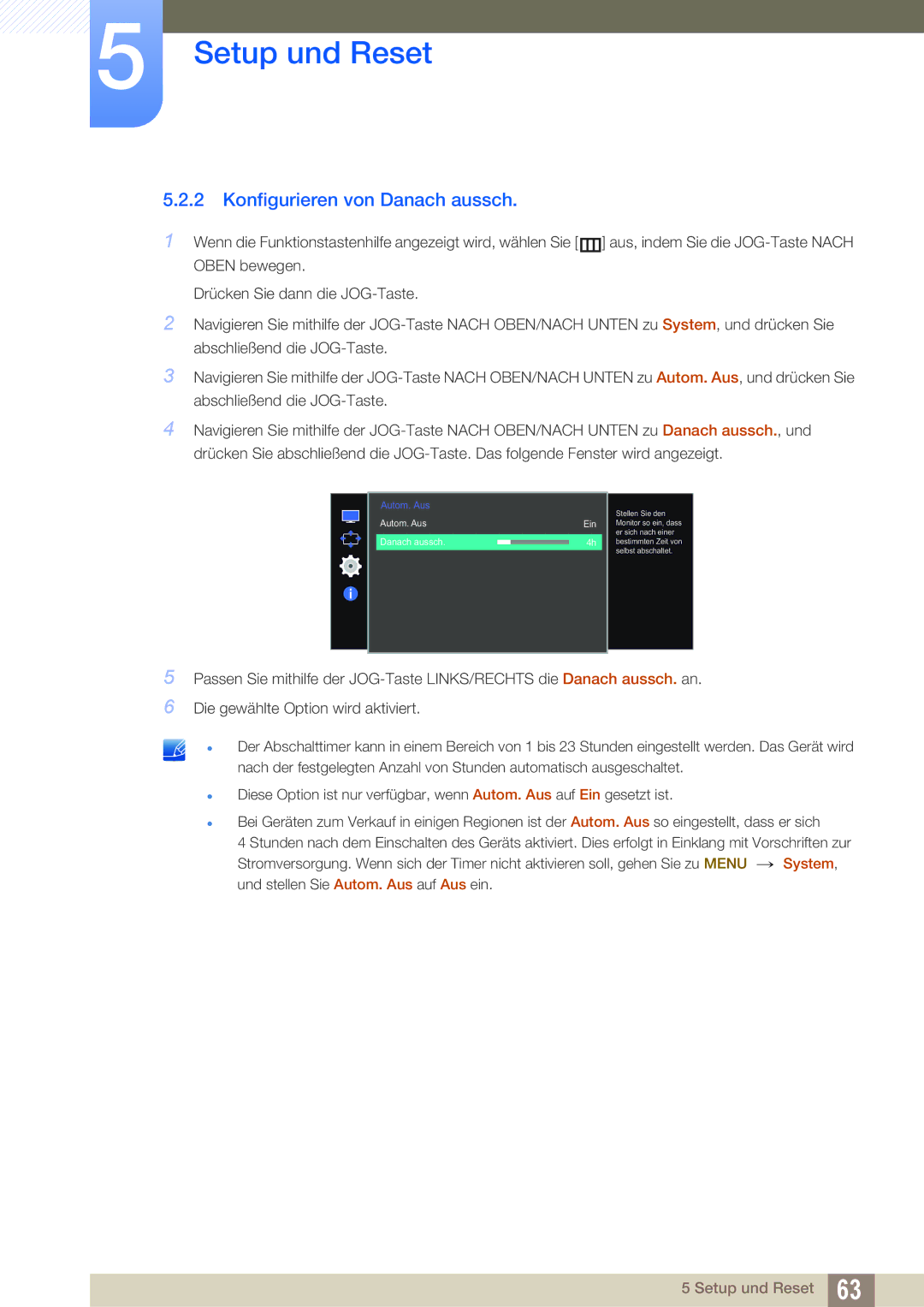 Samsung LS27E510CS/EN manual Konfigurieren von Danach aussch, Autom. Aus Danach aussch Ein 