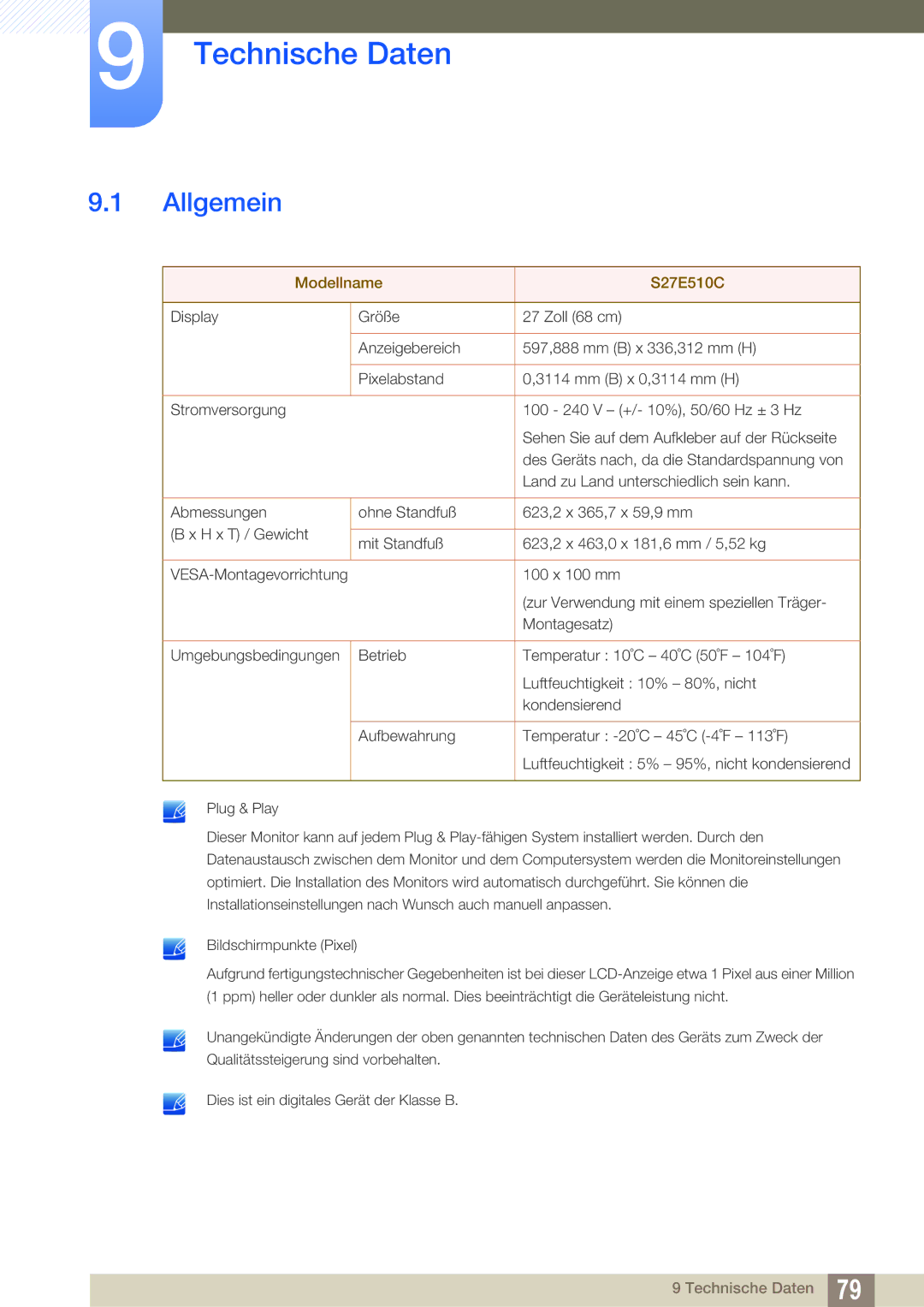 Samsung LS27E510CS/EN manual Technische Daten, Allgemein 