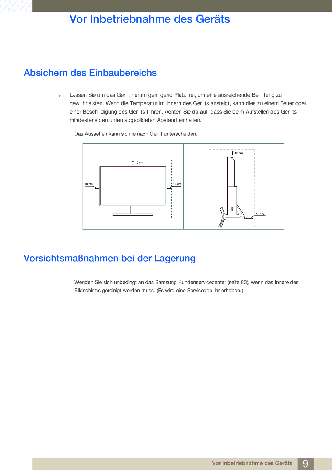 Samsung LS27E510CS/EN manual Absichern des Einbaubereichs, Vorsichtsmaßnahmen bei der Lagerung 