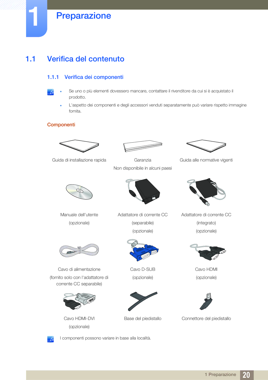 Samsung LS27E510CS/EN manual Preparazione, Verifica del contenuto, Verifica dei componenti, Componenti 