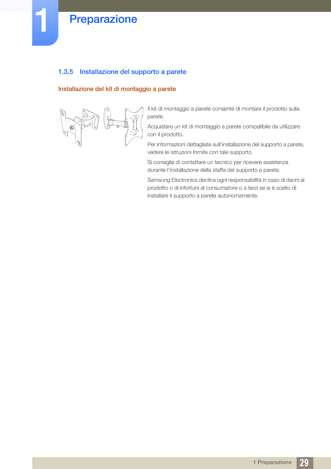 Samsung LS27E510CS/EN manual Installazione del supporto a parete, Installazione del kit di montaggio a parete 