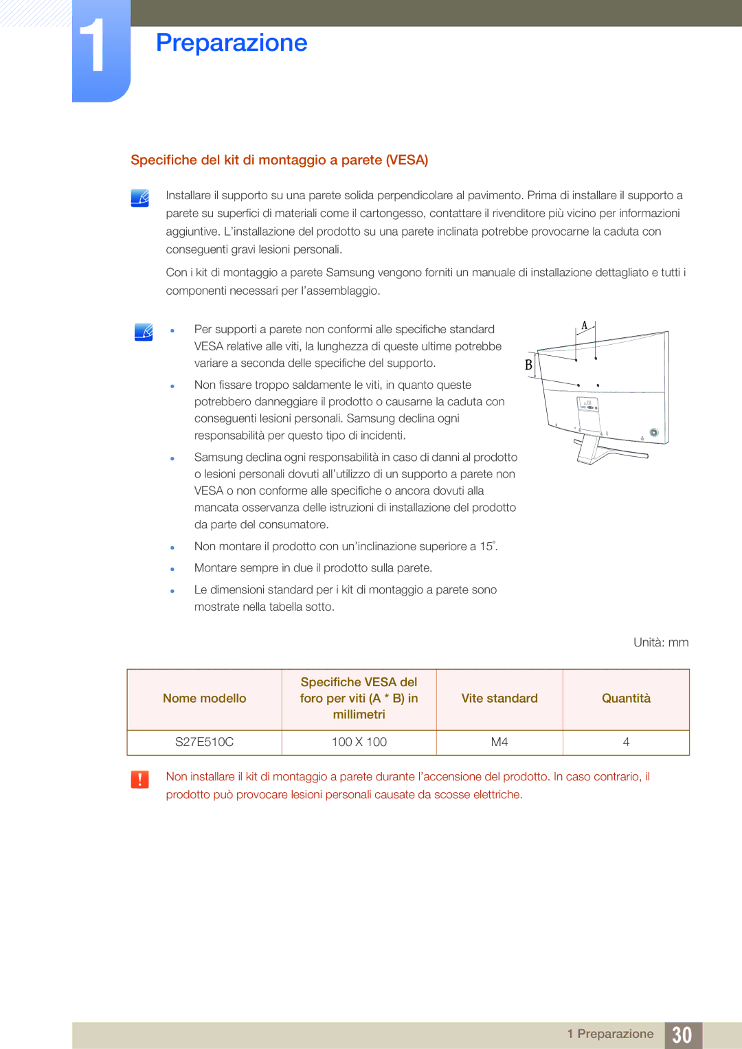 Samsung LS27E510CS/EN manual Specifiche del kit di montaggio a parete Vesa 