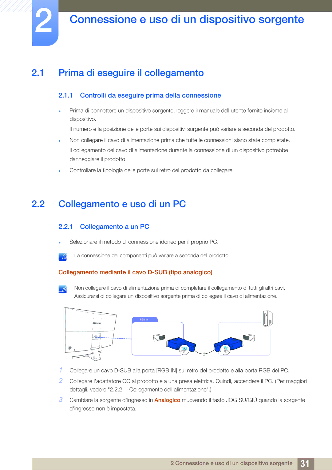 Samsung LS27E510CS/EN manual Connessione e uso di un dispositivo sorgente, Prima di eseguire il collegamento 