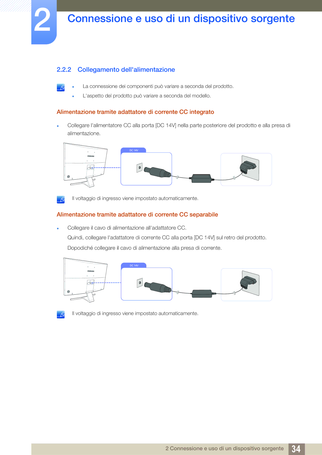 Samsung LS27E510CS/EN manual Collegamento dellalimentazione, Alimentazione tramite adattatore di corrente CC integrato 