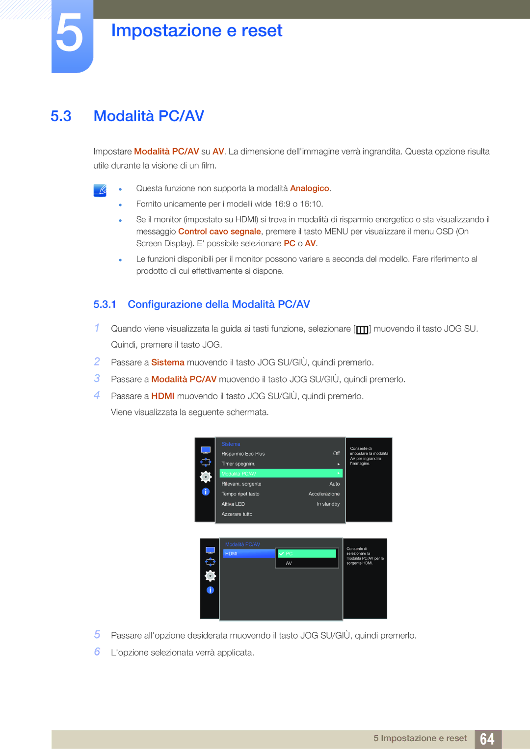 Samsung LS27E510CS/EN manual Configurazione della Modalità PC/AV 