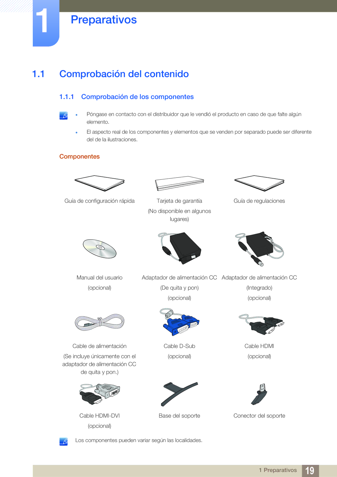 Samsung LS27E510CS/EN manual Preparativos, Comprobación del contenido, Comprobación de los componentes, Componentes 