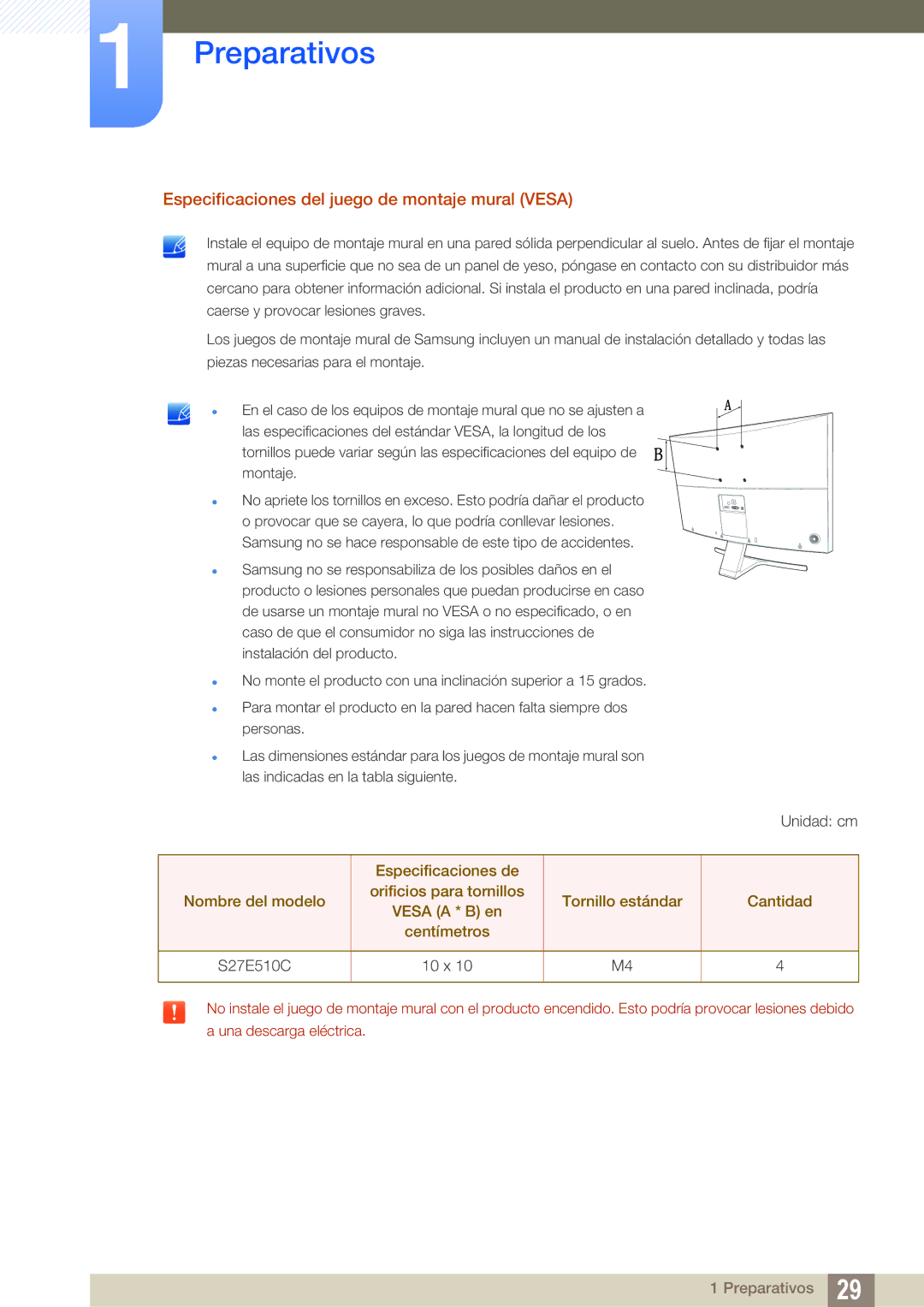 Samsung LS27E510CS/EN manual Especificaciones del juego de montaje mural Vesa 
